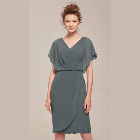 Gray Formal Chiffon Reese Wrap Dress, size 16 - Picture 3 of 14